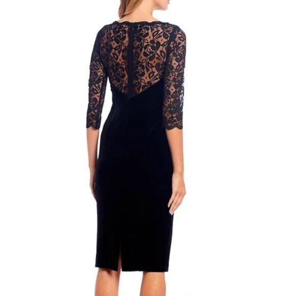 New! Eliza J Lace Yoke Velvet Scalloped Boat Neck Trim Sheath Dress Knee Length - Picture 3 of 7